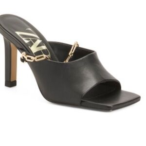 Zara Black Open-Toe Heels sandals with Gold chain Accent Sz 39 8